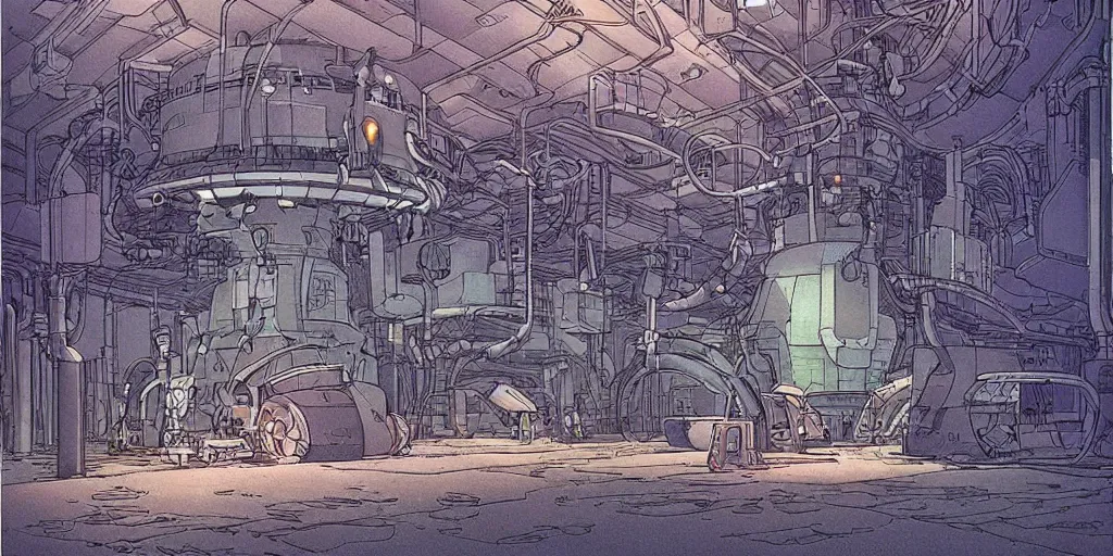 Image similar to underground scifi huge experimental tanks and bizarre creatures in it , mysterious laboratory, low ceiling, cables hanging from ceiling, thick cables on ground, ground perspective, huge computer screens, neons, top light , epic scene, illustration, art by ghibli moebius, comics art