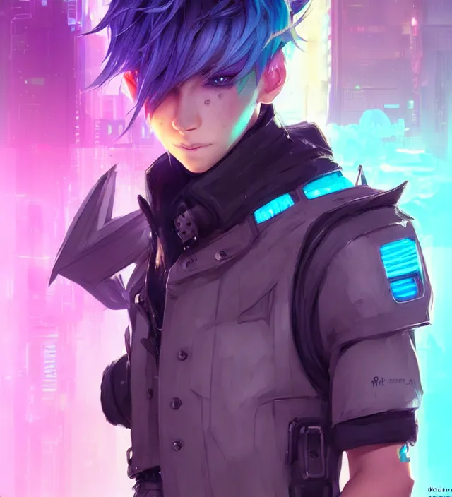 Image similar to character concept art of a cute cyberpunk boy with colorful hair and wolf ears and freckles | | cute - fine - face, pretty face, key visual, realistic shaded perfect face, fine details by stanley artgerm lau, wlop, rossdraws, james jean, andrei riabovitchev, marc simonetti, and sakimichan, trending on artstation