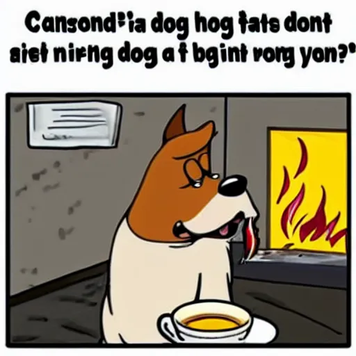 Image similar to Cartoon dog casually drinking coffee in the middle of a burning room, meme