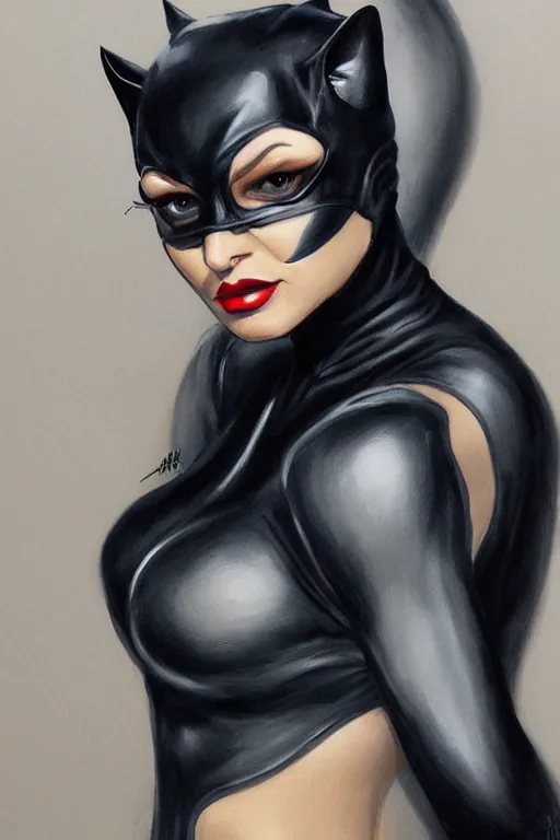 Prompt: portrait of Catwoman by Julia Razumova, trending on artstation