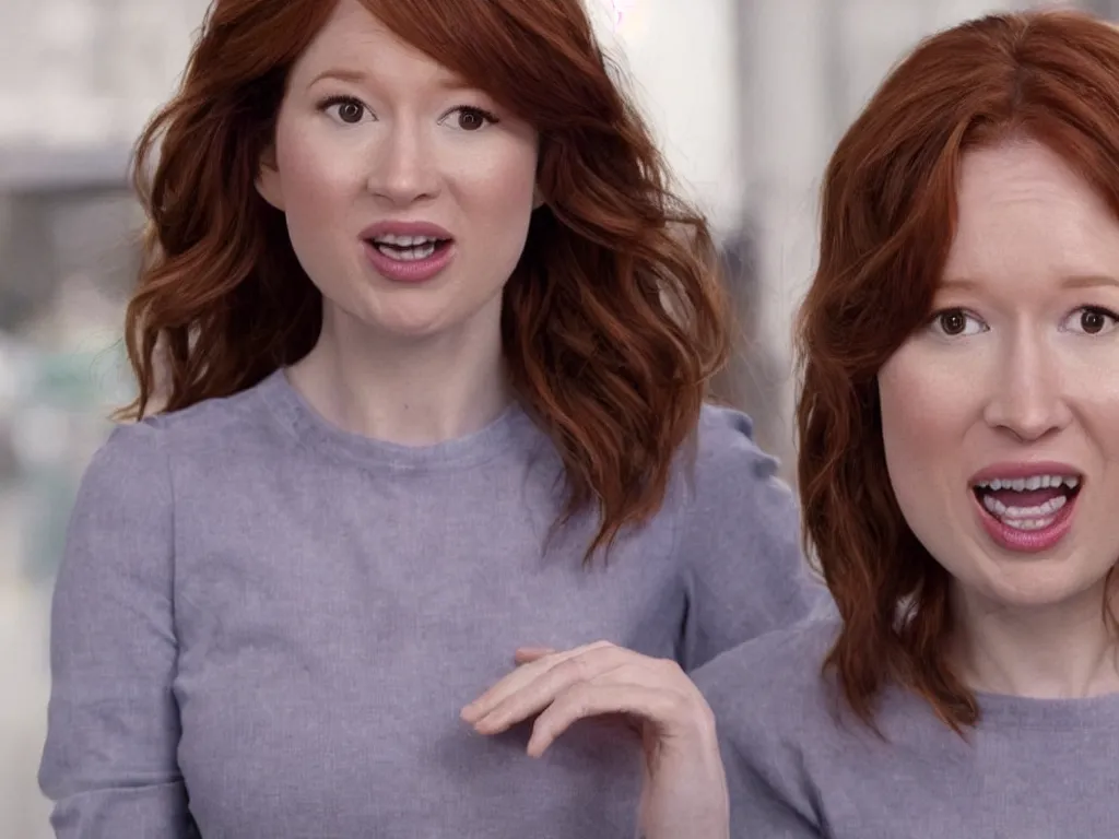 Prompt: realistic tabloid photo of Ellie Kemper trying to explain she's not Nebula