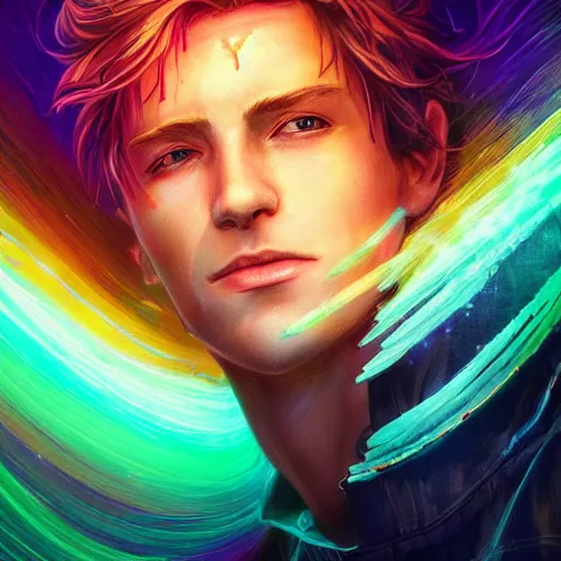 Prompt: portrait of a light haired young man with a scar across his left eye has an epic idea, rainbowpunk, high detail, concept art, neon color, vivid color, floating particles, glowing green eyes, spiral smoke, background by john harris + andreas rocha, artwork by charlie bowater + artgerm + anato finnstark + ross tran