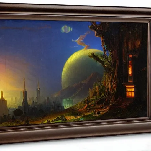 Prompt: cyberpunk dream world by asher brown durand and frederic edwin church