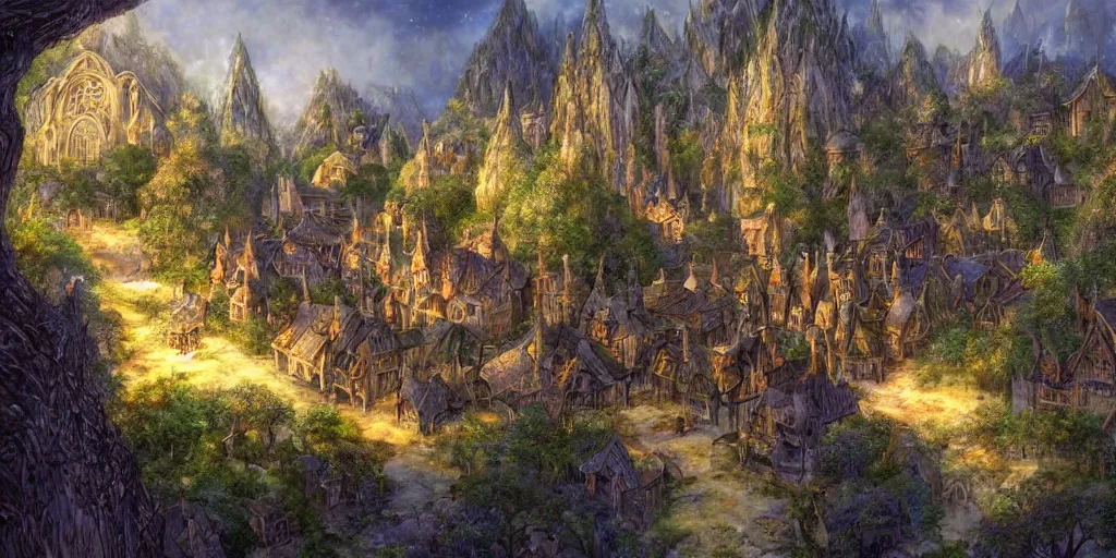 Image similar to high fantasy magical elven town village, gilroy gardens, art by john howe, alan lee, ted naismith, quinton hoover, j. r. r tolkien, lord of the rings, rpg, dungeons and dragons, elden ring, adventure, environment, smooth, sharp focus, deviantart, artstation