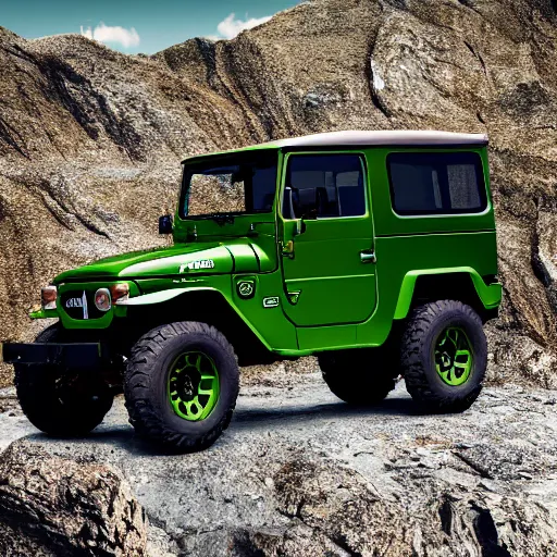 Image similar to closeup of a green Toyota Fj43 build in 1981, traveling through the mountains, black roof, with a roof rack, detailed, 8K, octane render, 8K,