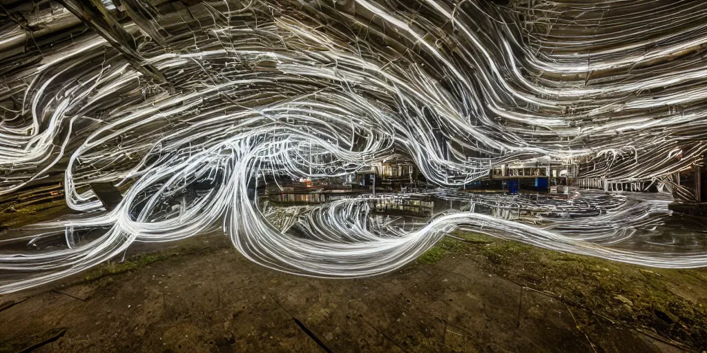 Prompt: flowing lightpainting helix swirling around, unfinished building building chapel nature urbex abandoned industrial architecture, reclaimed by nature, puddle reflections!, night time, highly detailed, photorealistic, neon rim lighting, reflections, smooth, sharp focus, ultrawide, trending on artstation