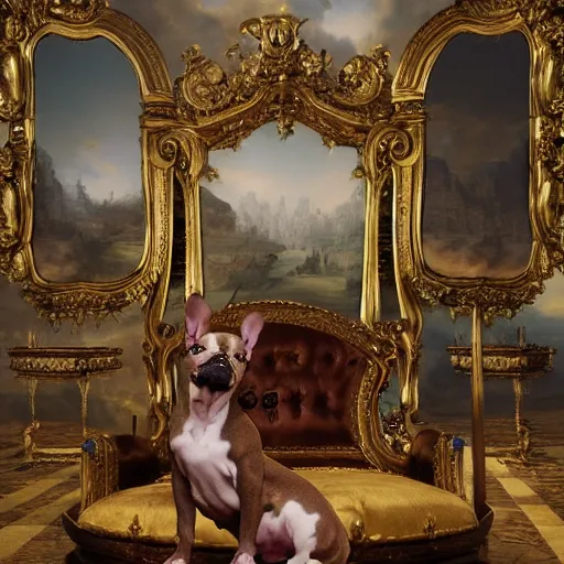 Prompt: 8k highly detailed oil matte painting by Charles Landelle of A French Bulldog King, decadent throne room, ornate furniture, ornate French architecture