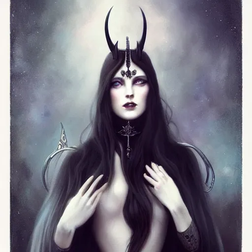 Prompt: portrait of a beautiful woman with horns, blue eyes, long wavy black hair, long black dress with silver jewels, black bat wings on back, by tom bagshaw