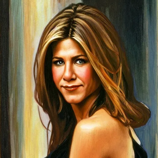 Prompt: a portrait of rachel green, jennifer aniston, 1 9 9 0 s, by gregory manchess, greg hildebrandt, stanley lau, and alphonse mucha