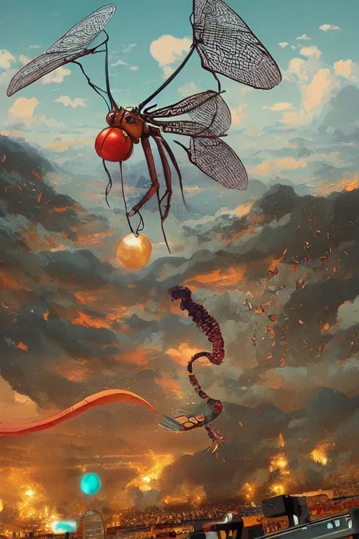 Prompt: a giant DJ mixer monster artwork by Tomer Hanuka Rendering with an giant dragonfly fighting with it. full of details, by Makoto Shinkai and thomas kinkade, Matte painting, trending on artstation and unreal engine