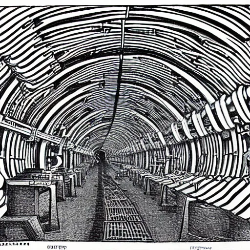 Image similar to computational tunnels, a tunnel complex full of mechanical computers and hooded robots, drawing by jim woodring, junji ito, m.c. escher