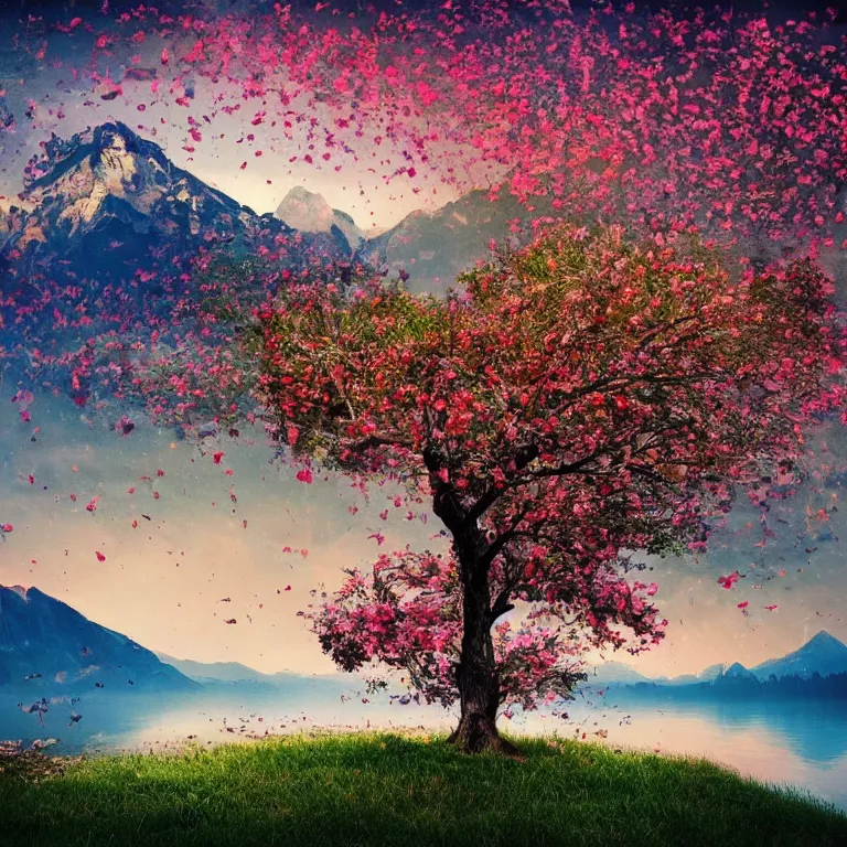 Image similar to a beautiful awesome artistic tree with falling flowers like leaves and many birds, all in the amazing outdoors view, mountain in the background, lake, long exposure, 8 k resolution, trending on artstation