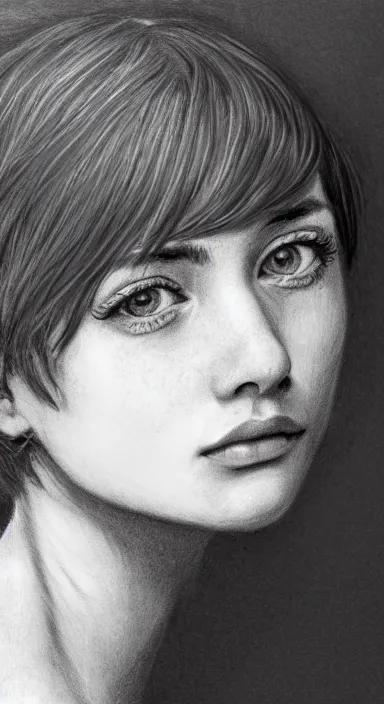 Image similar to highly detailed realistic pencil sketch portrait of a beautiful woman with short hair and bangs and freckles