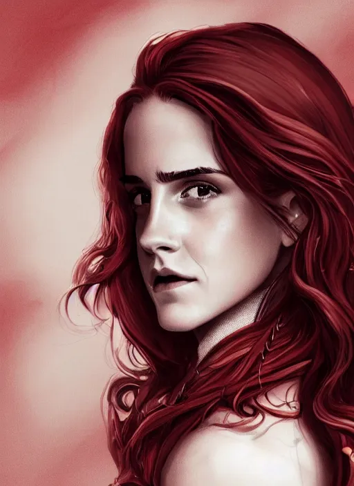 Prompt: a highly detailed illustration of emma watson as a long dark red haired wearing wine red epaulette uniform and coat cape, dramatic smiling pose, perfect face, intricate, elegant, highly detailed, centered, digital painting, artstation, concept art, smooth, sharp focus, league of legends concept art, wlop