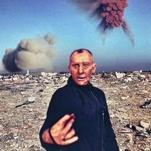 Image similar to last selfie of last alive ukrainian very damaged after a nuclear strike, a nuclear explosions in the background, 2 0 2 2