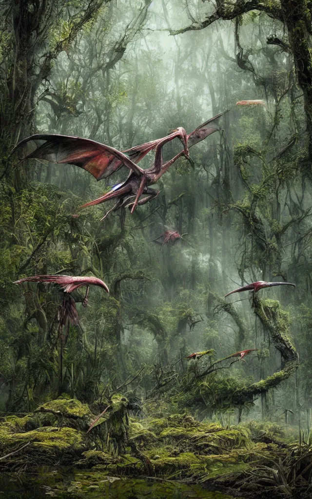 Image similar to rainbow dim pterodactyl hunt in a swamp by luis royo, moss and mud, photography, 3d octane render