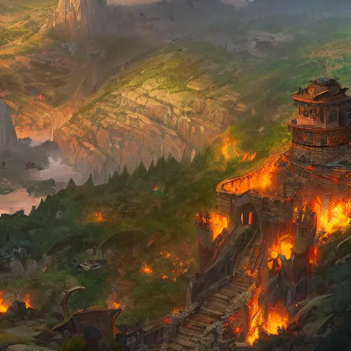 Prompt: a birds eye view overlooking an ancient fantasy city surrounded by mountains and trees of greens and browns, rivers and lakes, the city is burning by Jordan Grimmer, Asher Brown Durand and Ryan Dening, 8k, artstation, beautiful color pallette