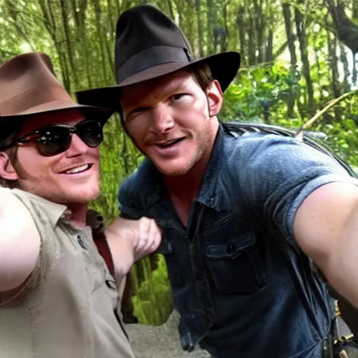 Image similar to chris pratt as indiana jones taking a selfie with harrison ford, instagram, cinematic, natural lighting, genuine smile