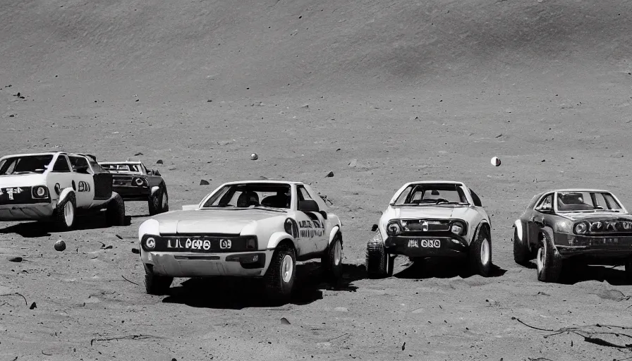 Prompt: a group of audi cars on the moon, wide angle shot