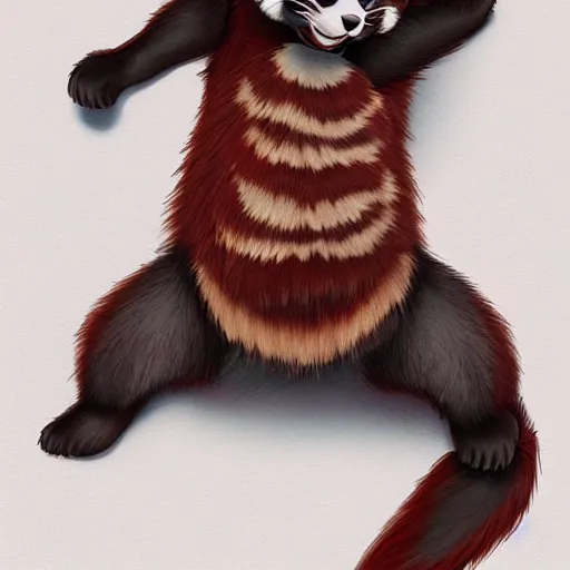 Image similar to commissioned full body portrait of an anthro!! red panda waking up in bed! and yawning! and stretching!, trending on furaffinity,