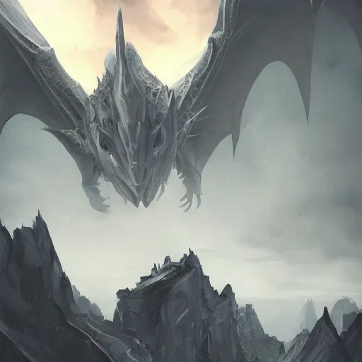 Image similar to grey dragon close up by greg rutkowski, drark, marvel comics, dark, plutus su and chris scalf and lucas graciano and billy christian, symmetrical, mountains, grey and gold color palette, painting, d & d, fantasy, detailed, realistic, complimentary colors, light, artstation, cinematic, dramatic lighting, close up, storm clouds, hudson river school