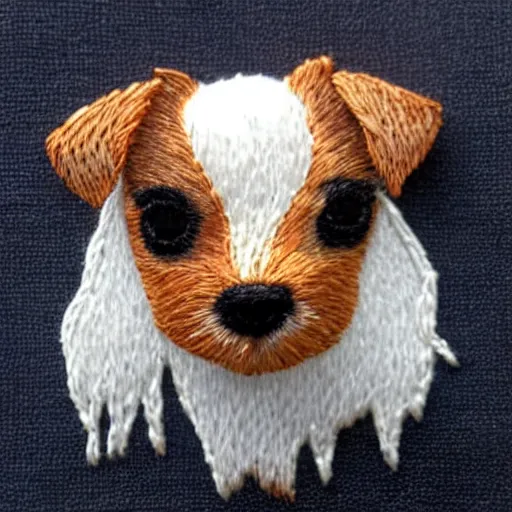 Prompt: a tiny beautiful handmade embroidery of a cute long haired wire haired jack russell terrier puppy, white with brown spots and patches over both eyes. hand embroidery.
