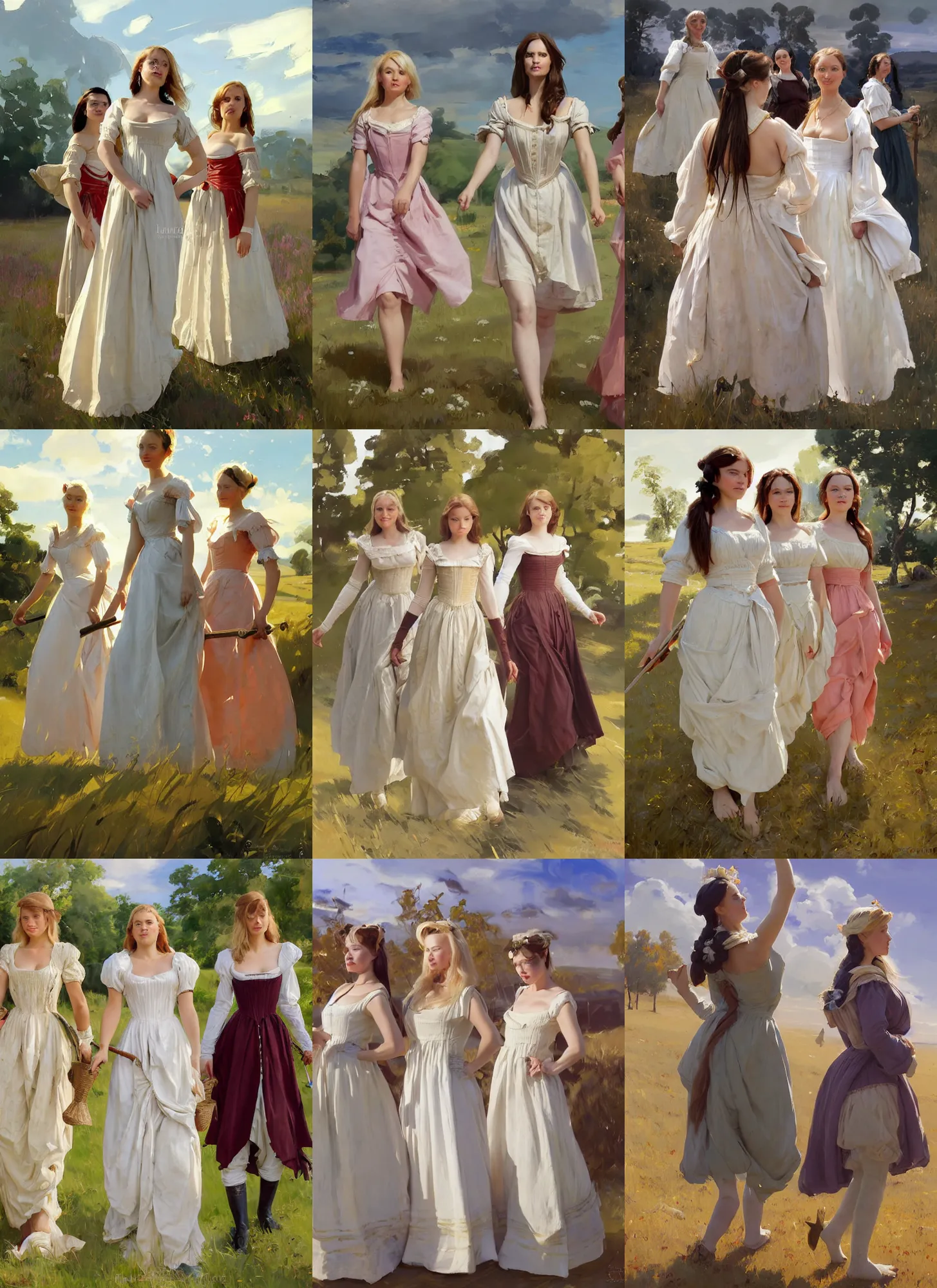 Prompt: three of finnish norwegian swedish scandinavian attractive glamour models wearing as village maidens in 1 7 th century bodice with low neckline walking in the feild in a sunny day, jodhpurs greg manchess painting by sargent and leyendecker, studio ghibli fantasy medium shot asymmetrical intricate elegant matte painting illustration hearthstone, by greg rutkowski by greg tocchini by james gilleard