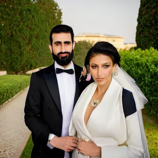 Image similar to A tall lebanese man, short well groomed beard, short hair wearing a tuxedo, next to a short turkish woman with a ponytail, slim body, brown eyes wearing a long white dress, getting married in a garden, with a majestic Ottoman palace in the background, at night, well lit sky, close up shot, luxury, luxurious wedding, Ottoman Empire era, gold, photorealistic, ultra-detailed, 4k high resolution, HDR shot