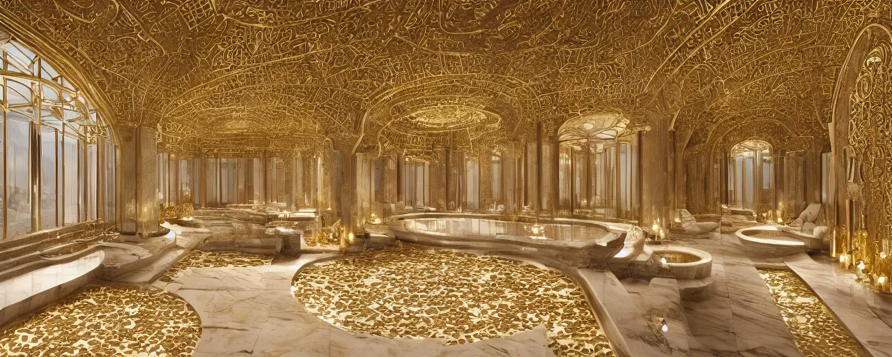 Image similar to photo of a cinematic interior of a double height hyper luxury spa with everything made of gold, candles, beige stone marble floor, wellness relaxation pool, intricate hieroglyph detailed roof, contemporary design, sacred geometry, 8 k, hyperrealistic, photorealism, windows with view to wadi al disah mountains