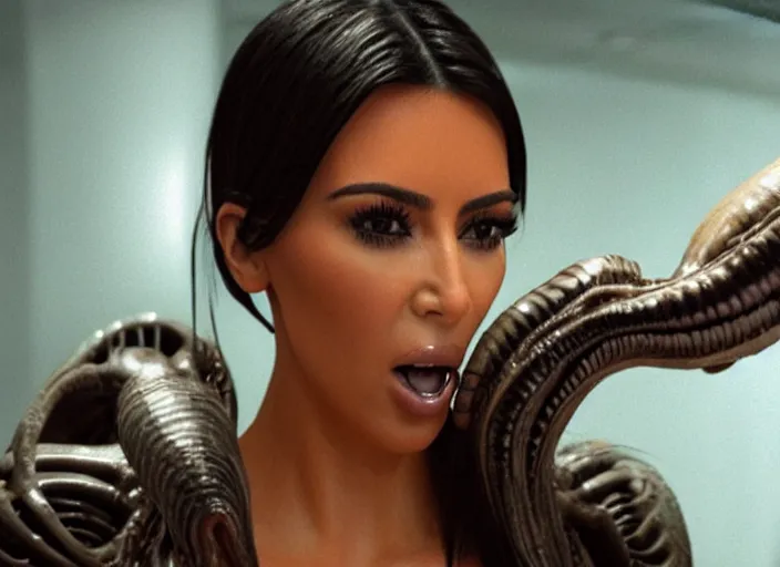 Image similar to film still of kim kardashian being ingested by an xenomorph, alien goo, transparent goo, transparent liquid, saliva, 8 k