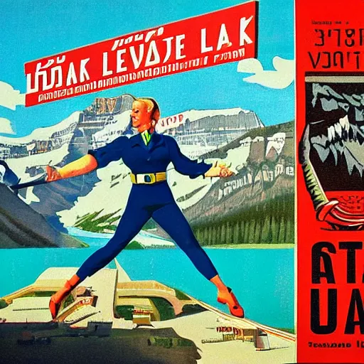 Image similar to soviet style propaganda convincing people to stay at Lake Louise in Banff National park