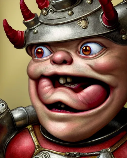 Image similar to highly detailed closeup, face profile portrait of a tin toy matt damon as a medieval demon with horns eating cakes in a castle, hyper realistic, artstation, illustration, nicoletta ceccoli, mark ryden, lostfish, dan decarlo, bob clampett, max fleischer, digital paint, matte paint, vivid colors, detailed and intricate environment