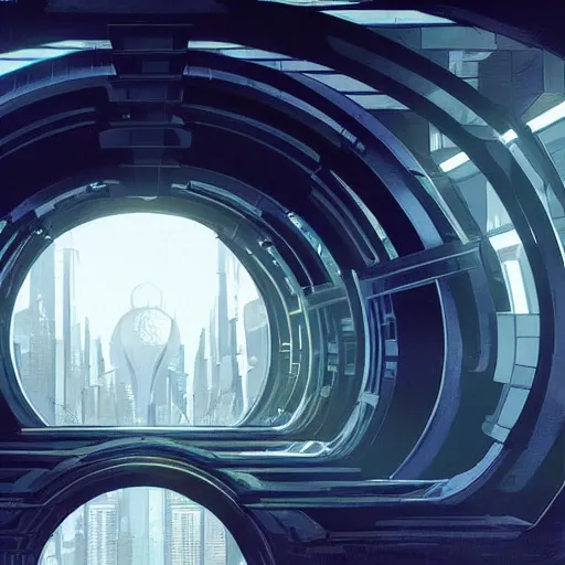 Image similar to centered circular derelict portal in a middle of a futuristic cityscape located under a bridgeway, world seen only through a portal, daylight, cinematic perspective, cinematic lighting, blue sky, syd mead, john harris, symmetrical