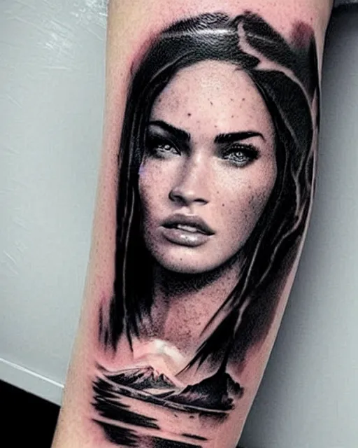 Image similar to creative double exposure effect tattoo design sketch of megan fox faded with beautiful mountain scenery, realism tattoo, in the style of matteo pasqualin, amazing detail, sharp