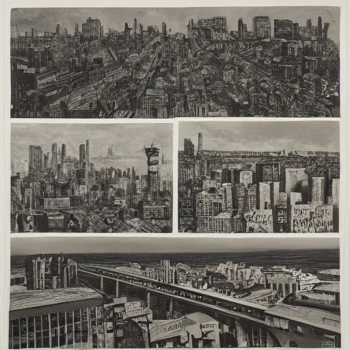 Image similar to google mild, spirited by simon bisley, by kara walker, by diane arbus. a print of a cityscape. the print shows a view from an elevated train line of the city below.