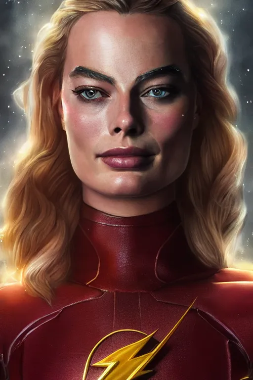 Image similar to majestic and regal portrait of margot robbie female the flash, dc universe, perfect face, beautiful, intricate, epic, elegant, fantasy, highly detailed, digital painting, hard focus, beautiful volumetric lighting, epic light, ultra detailed, by leesha hannigan, ross tran, thierry doizon, kai carpenter, ignacio fernandez rios