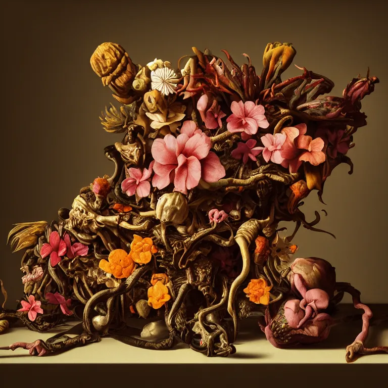Image similar to still life of rotten flesh, beautiful tropical flowers, human spine, colorful mold, baroque painting, beautiful detailed intricate insanely detailed octane render, 8K artistic photography, photorealistic, chiaroscuro, Raphael, Caravaggio