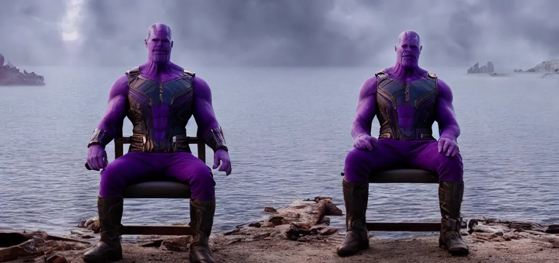 Image similar to a very high resolution image from a new movie. thanos sitting on chair in a lake, photorealistic, photography, directed by wes anderson