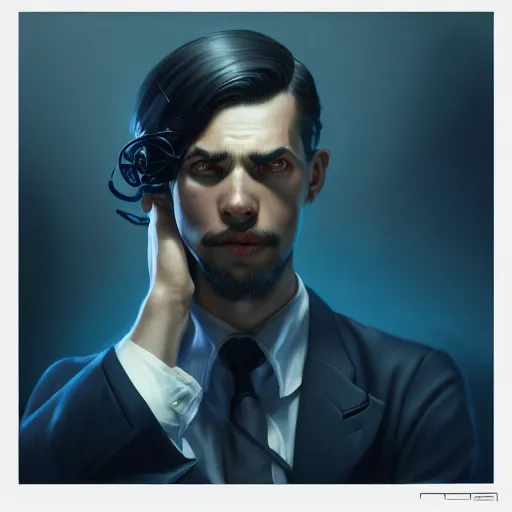 Prompt: an insanely detailed portrait of a man face in hands, stylish black hair, depressing sterile corporate office background, blue shade in the style of peter mohrbacher, artgerm, dramatic lighting and composition, octane render, trending on artstation, concept art