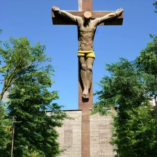 Prompt: giant concrete statue of Christ on a cross