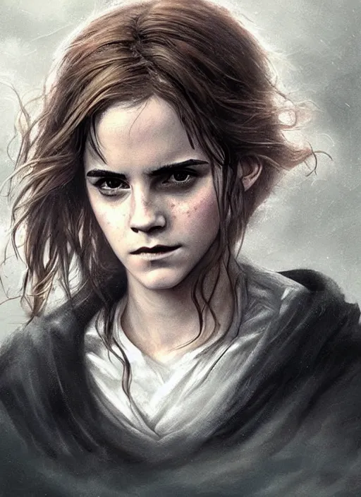 Image similar to emma watson as hermione granger. dark colors. menacing. haunting. frightening. trending on artstation. award winning. artgem. greg rutkowski. beksinski. extremely detailed. 4 k.