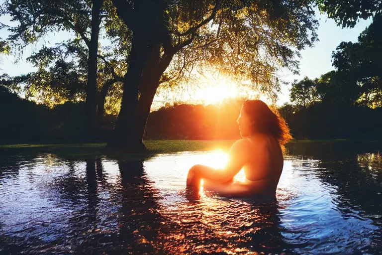 Image similar to a beautiful woman bathing in a serene forest pool, silhouetted against the setting sun