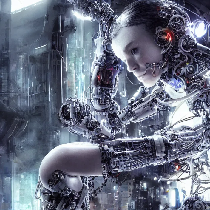 Image similar to Ultra realistic full shot of a cyborg woman under repair ,with mechanical arms that fix, cable, laser for fix arm, it,cyberpunk,sci-fi, fantasy,Kodak , colour led, soft light, volumetric lighting ,night, intricate, elegant, highly detailed, digital painting, artstation, concept art, smooth, sharp focus, illustration,art by artgerm and greg rutkowski and alphonse mucha