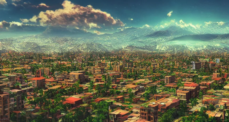 Prompt: City of Armenia Quindio, landscape, vaporwave style, trending on ArtStation, digital artwork, 4k, wallpaper, high definition