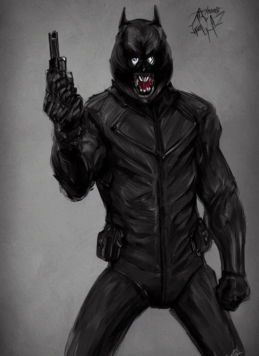 Image similar to concept art of a comic book character wearing a full body black spandex with white eyes, and drawn sharp teeth on the jaw. wearing a black leather jacket. holding a glock. hd. artstation. digital painting.