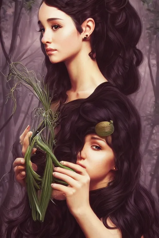 Image similar to beautiful cottagecore Ariana Grande holding a Black Onion, dark Hair, dark forest, intricate, elegant, highly detailed, digital painting, artstation, concept art, smooth, sharp, focus, illustration, art by artgerm and greg rutkowski and alphonse mucha