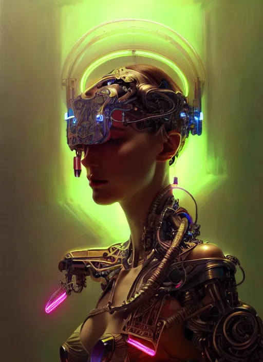 Prompt: neon cyborg, diffuse lighting, fantasy, intricate, elegant, highly detailed, lifelike, photorealistic, digital painting, artstation, illustration, concept art, smooth, sharp focus, art by John Collier and Albert Aublet and Krenz Cushart and Artem Demura and Alphonse Mucha