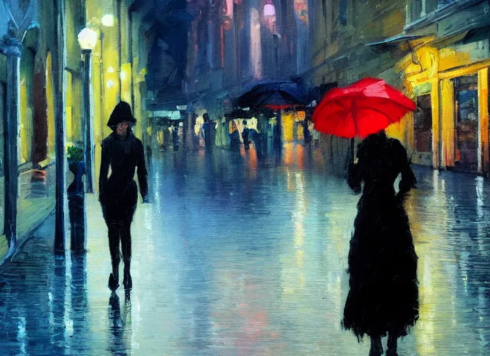 Prompt: evening city scene with medium height young woman with umbrella. beautiful use of light and shadow to create a sense of depth and movement. using energetic brushwork and a limited color palette, providing a distinctive look and expressive quality in a rhythmic composition