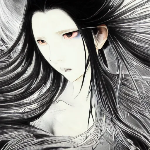 Image similar to yoshitaka amano blurred and dreamy illustration of an anime girl with black eyes, wavy white hair fluttering in the wind and cracks on her face wearing elden ring armor with engraving, abstract black and white patterns on the background, noisy film grain effect, highly detailed, renaissance oil painting, weird portrait angle, three quarter view, head turned to the side