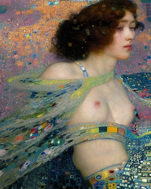 Image similar to a close up of beautiful girl flying through the clouds surrounded by colourful intricate patterns, by gustave klimt edgar maxence and caravaggio and michael whelan, intricate painting, hyper realistic, extremely detailed and beautiful aesthetic face, 8 k resolution